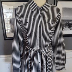Navy / White Crisp Striped Shirt Dress--Full Skirt, Belted Chaps 12